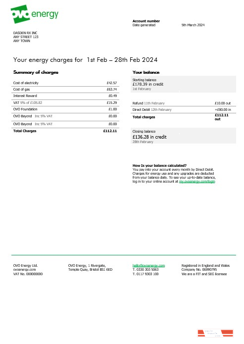 United Kingdom Ovo Energy electricity business utility bill, Word and PDF template PSD template